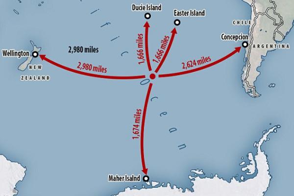 Lokasi kuburan satelit, Point Nemo, di tengah Samudera Pasifik (foto: Daily Mail @ESA)