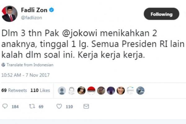 Fadli Zon Sindir Pernikahan Anak Jokowi, Netizen Sebut Soeharto dan SBY