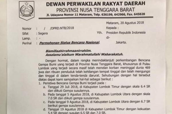 DPRD NTB Surati Jokowi, Minta Gempa Lombok jadi Bencana Nasional